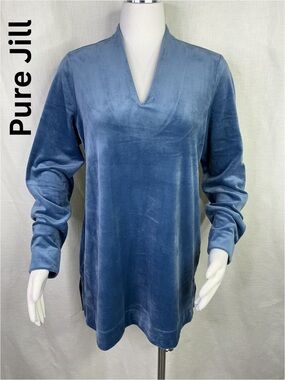 J Jill Pure Jill Medium Tall Dusty Blue Velour V Neck Tunic Long Sleeve Soft Top